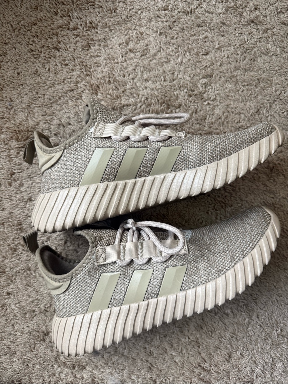 adidas Men’s Light Beige Knit Sneakers with Pale Green Stripes